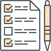 An icon of a piece of paper with survey questions and checkmarks, next to a pen.